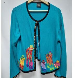 Christina Rotelli Embroidered Cardigan Blue Graphic Print Knit Women Size XL